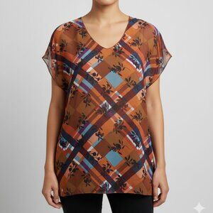 CAbi #3773 Zadie Lattice Top Flower Check Small Cap Sleeve Tunic Blouse EUC